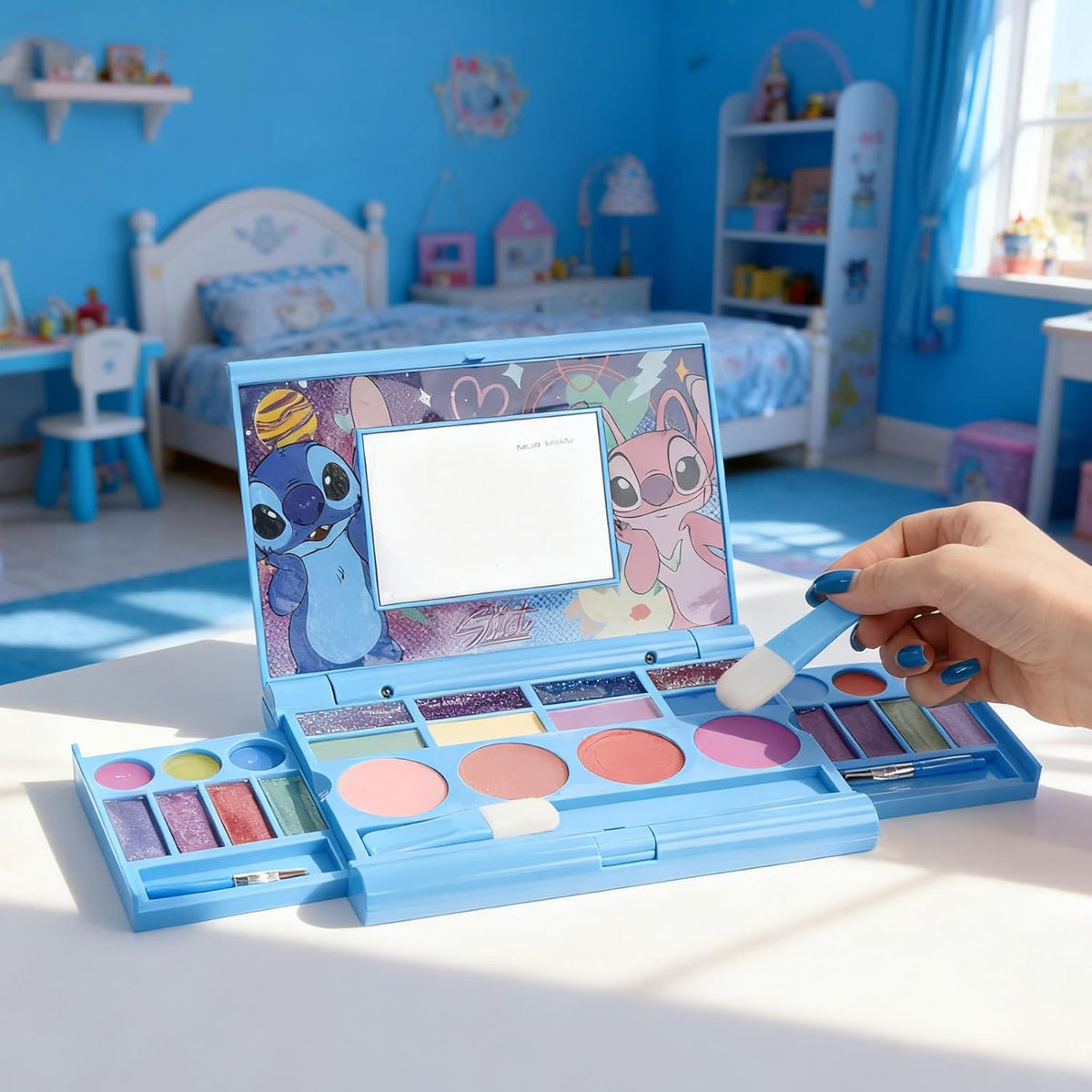 Stitch - Paleta de maquillaje plegable con espejo, brillo de labios...