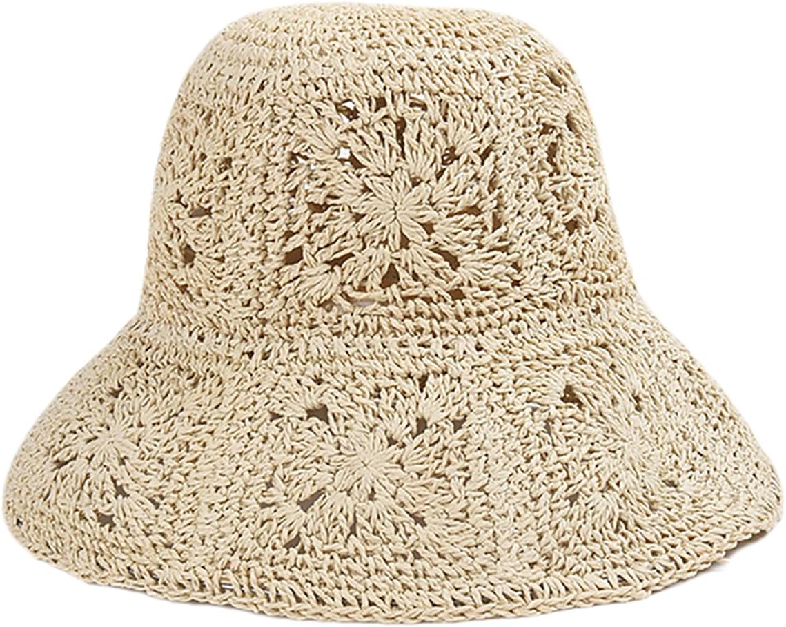 Sombrero de paja para mujer, sombrero de ganchillo tejido floral, a...