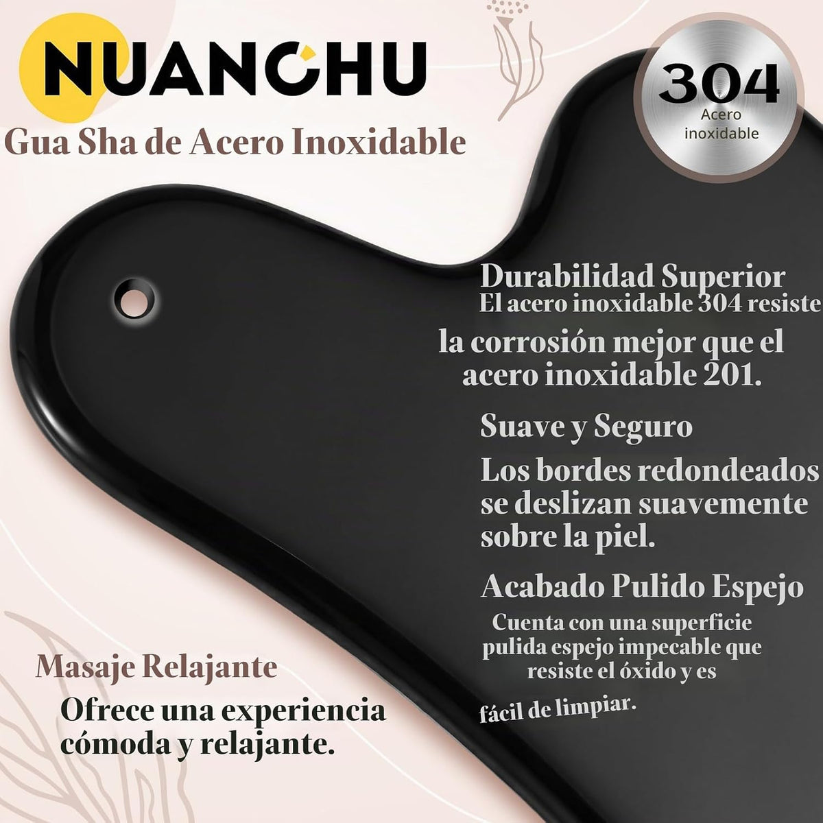 Nuanchu Herramienta facial Gua Sha de acero inoxidable 304, negro,...