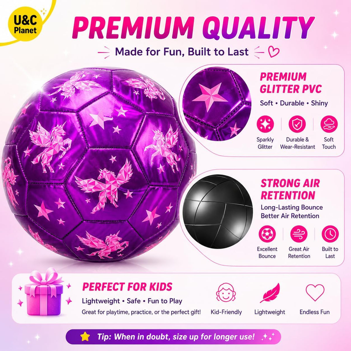 Balón de fútbol U&C Planet tamaño 2, 3, 4 para niños pequeños y jóv...