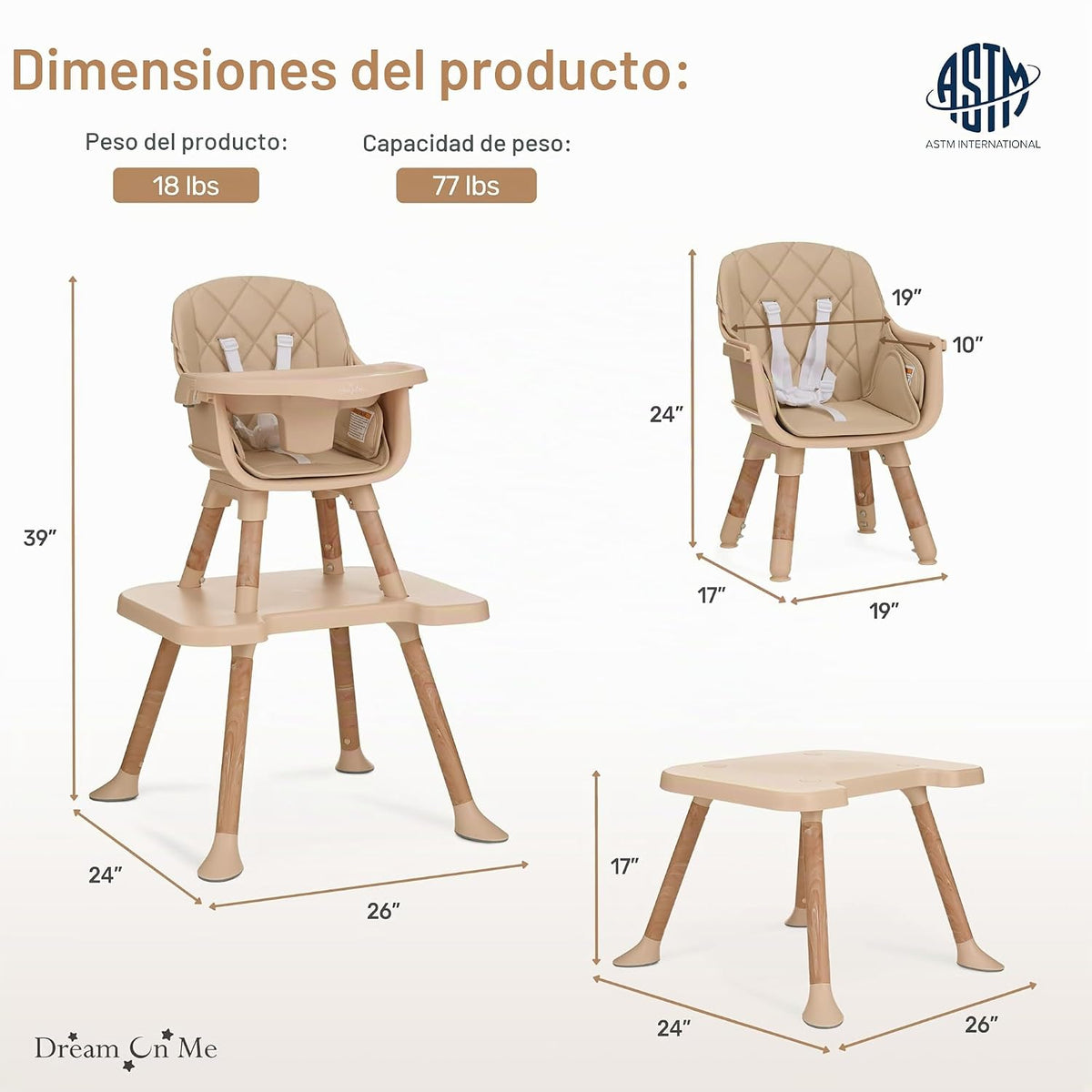 Dream On Me Luna - Silla alta convertible 4 en 1 para bebé en beige...
