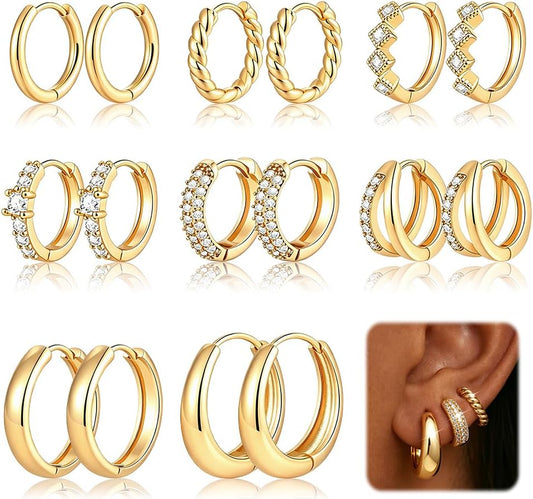Juego de 8 pares de aretes de aro chapados en oro de 14 quilates co...