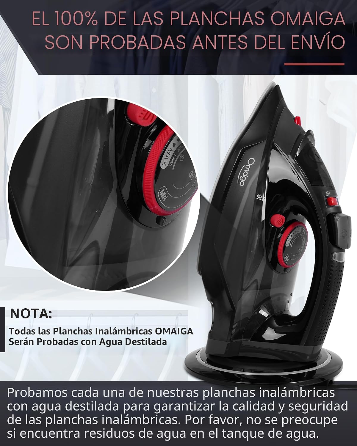 OMAIGA - Plancha inalámbrica para ropa, plancha de vapor de 1500W c...