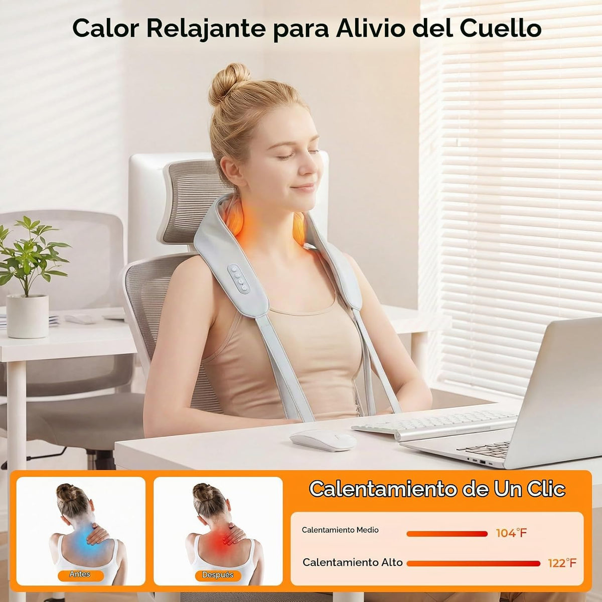 Masajeador de cuello inalámbrico con calor, control remoto Shiatsu...
