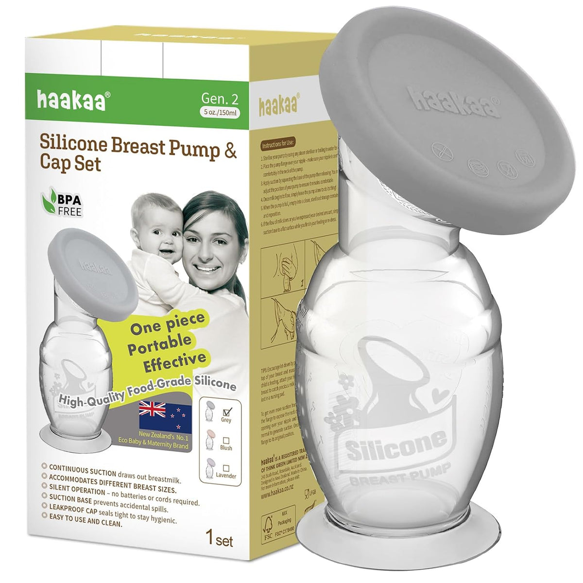 haakaa Sacaleches de silicona y gorra de silicona 5 oz\/150 ml, Gen...