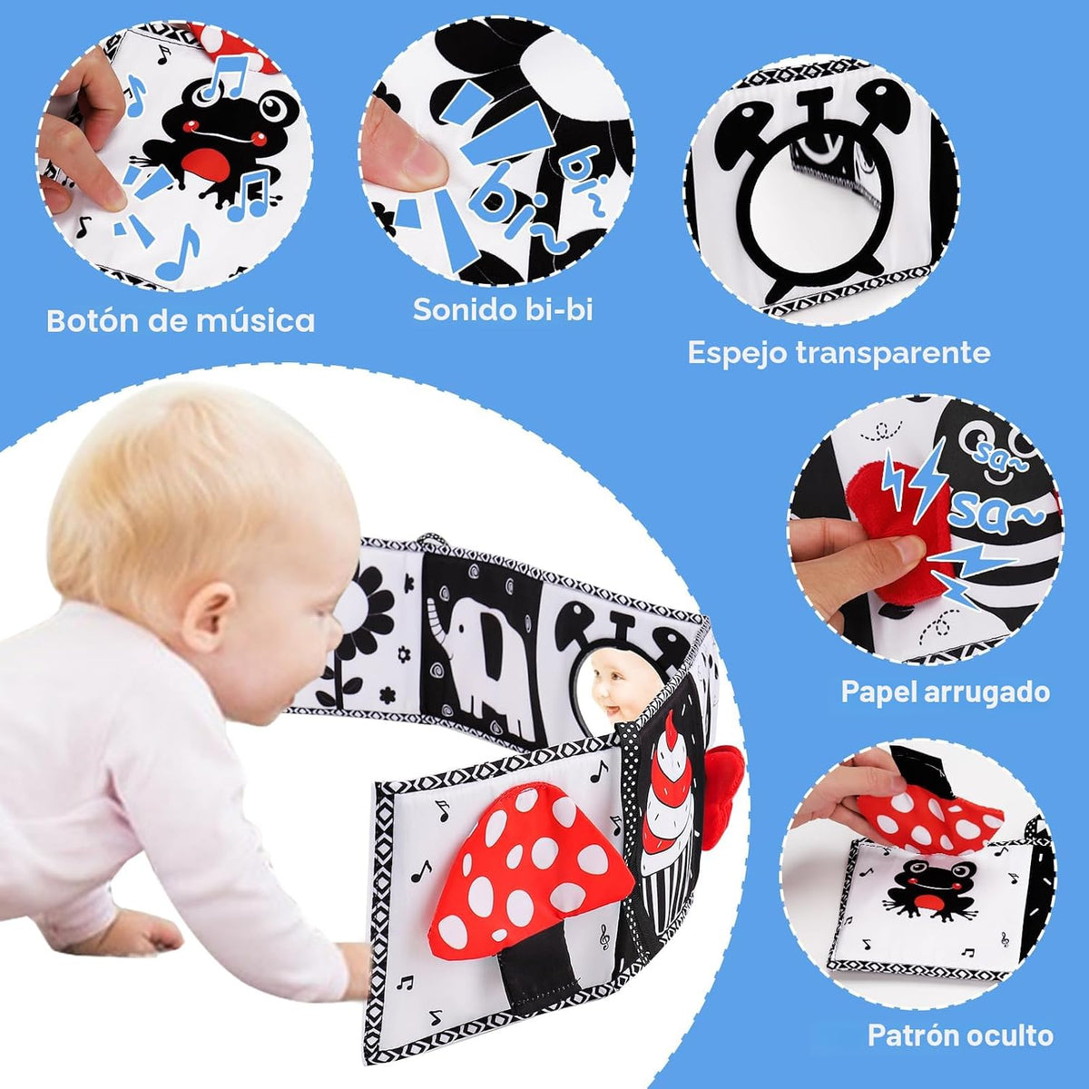 Libro blando Thremhoo con espejo para tiempo de barriga del bebé, j...