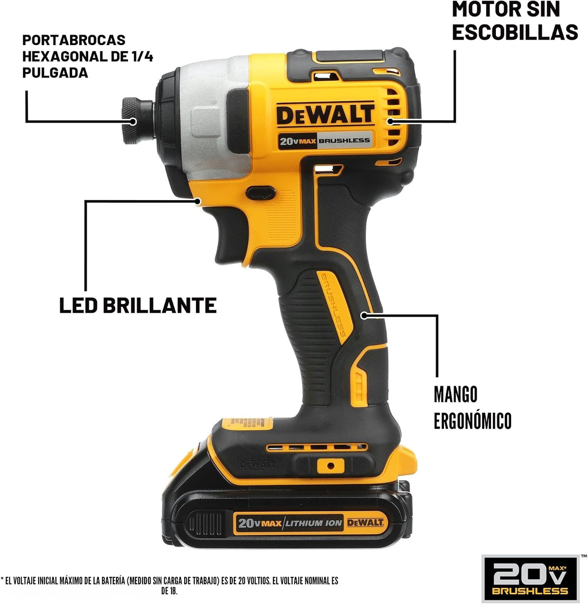 DEWALT Atornillador de Impacto 20V MAX, 1\/4 Pulgada, Batería y Car...