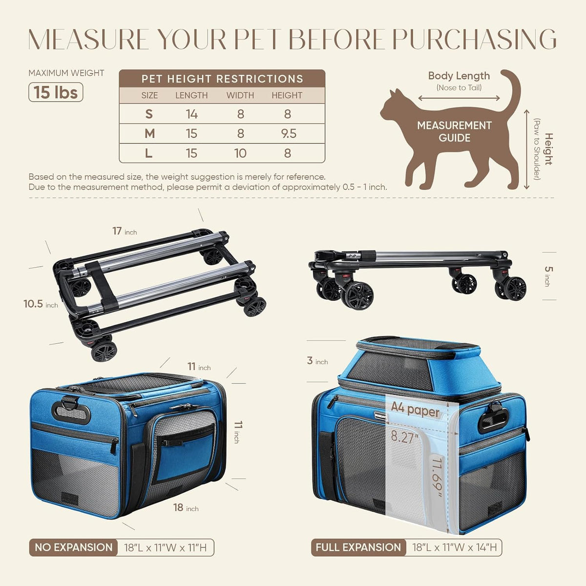 Transportador de mascotas extensible superior con ruedas, ventana p...