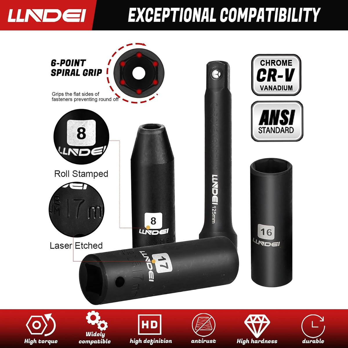 LLNDEI Juego de llaves de impacto con trinquete de 1\/2 pulgada, ll...