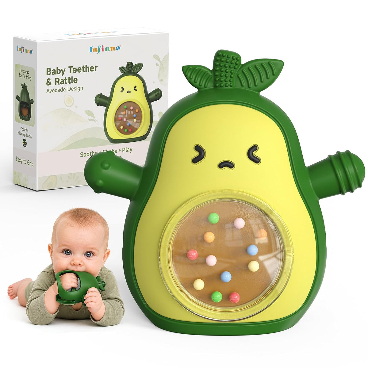 Infinno Juguete de dentición de silicona de aguacate con sonajero p...