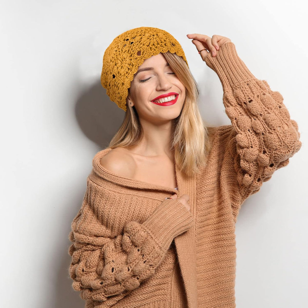 4 Piezas Gorros de Ganchillo Holgados 2025 Otoño Hechos a Mano Teji...