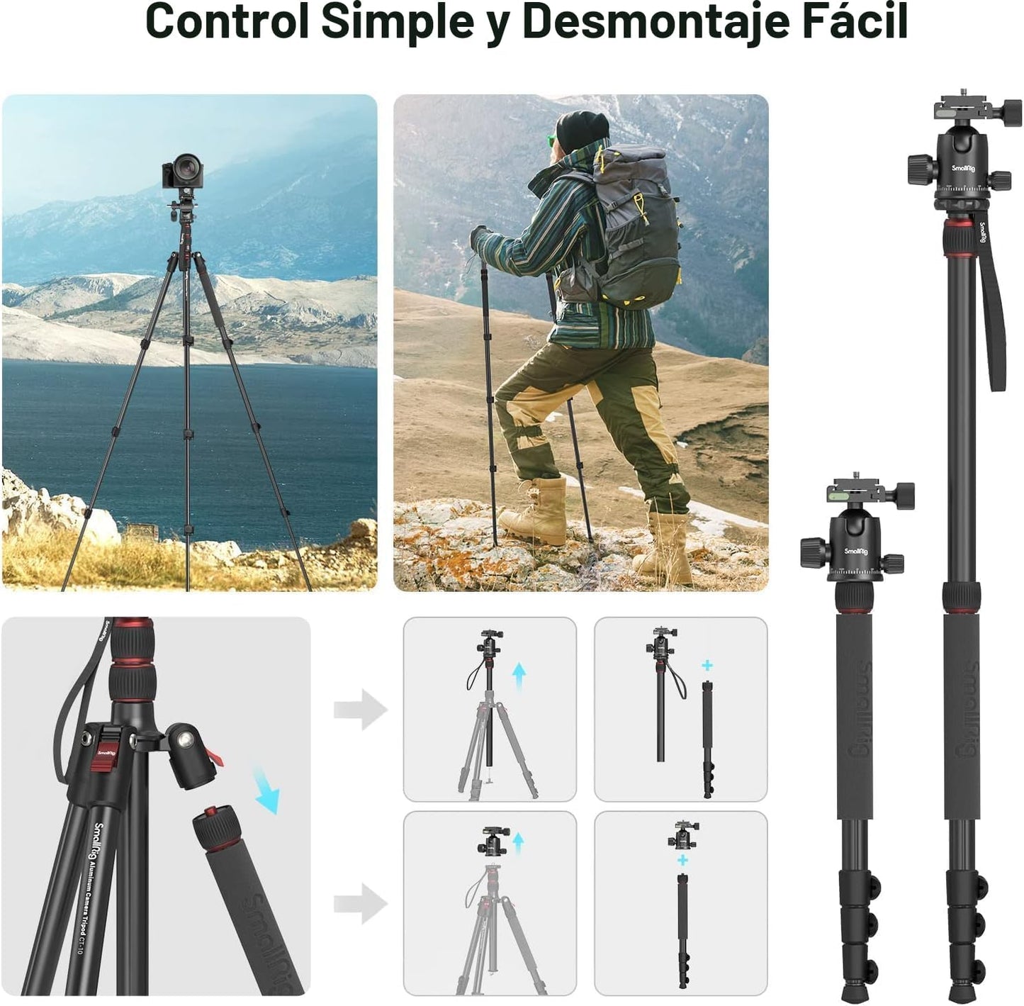 SmallRig Trípode de cámara CT-20, trípode y monopie plegable de alu...