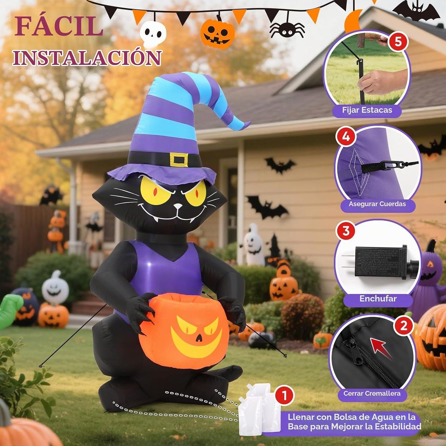 Gato negro inflable de Halloween de 6 pies, decoración de patio ilu...
