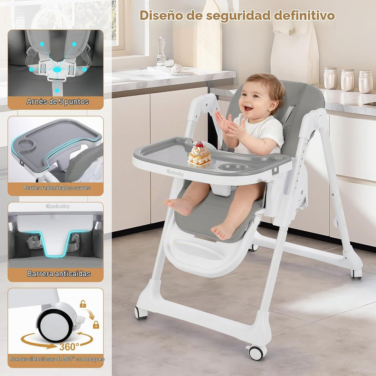 Ezebaby Silla alta plegable para bebé, sillas altas convertibles 3...