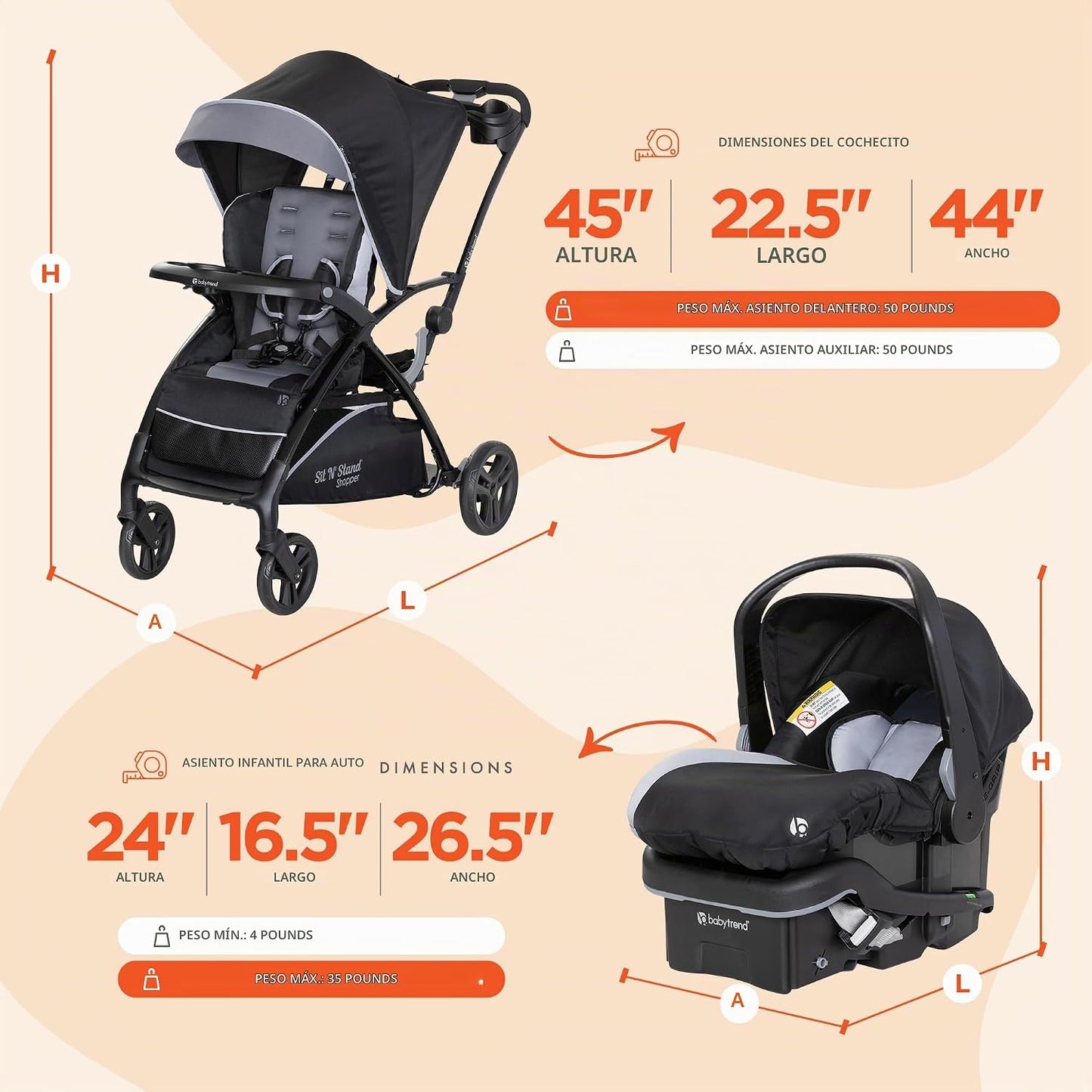 Baby Trend Sit N' Stand - Cochecito 5 en 1 y asiento EZ-Lift Pl...