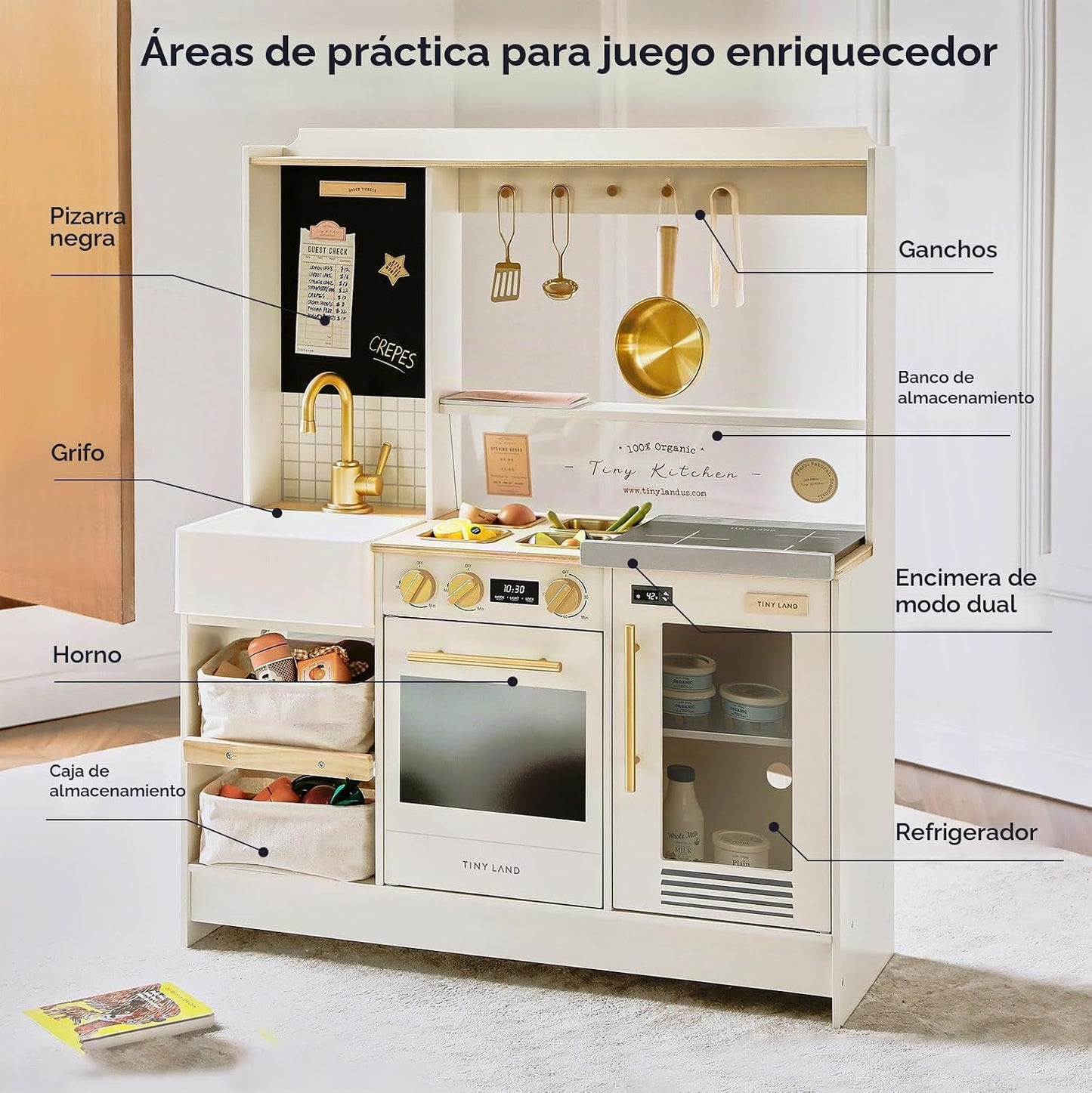 Tiny Land BistroSwitch - Juego de cocina de madera 2 en 1 con pizar...