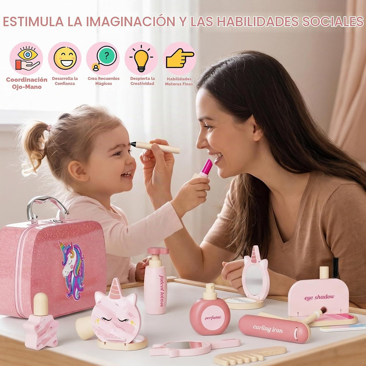 Kit de maquillaje de madera para niñas, juego de maquillaje de simu...