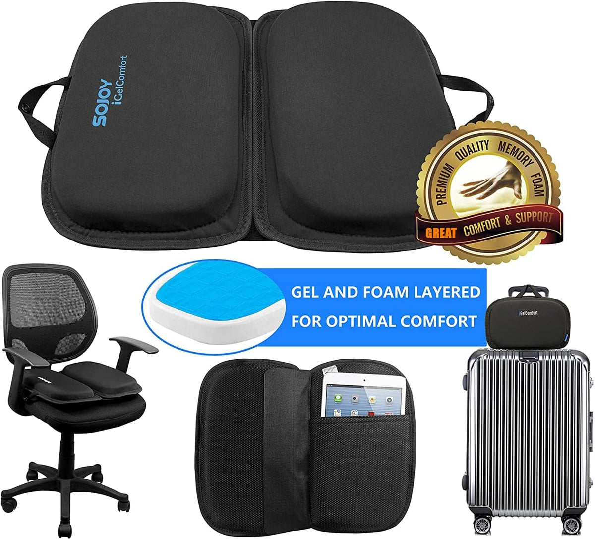 Sojoy iGelComfort Cojín de Asiento de Gel Plegable 3 en 1 con Espum...
