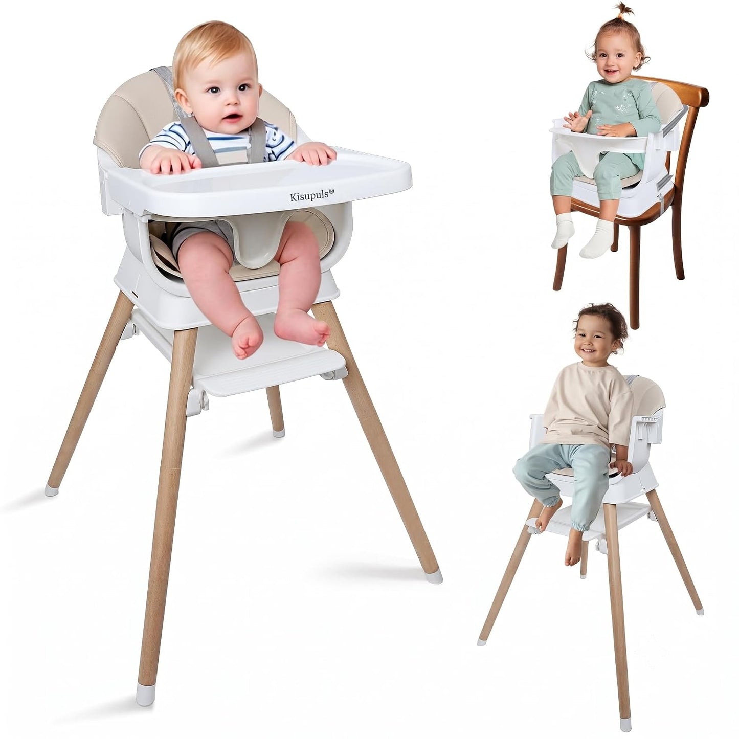 Silla alta convertible 9 en 1 con refuerzo, trona de madera para be...