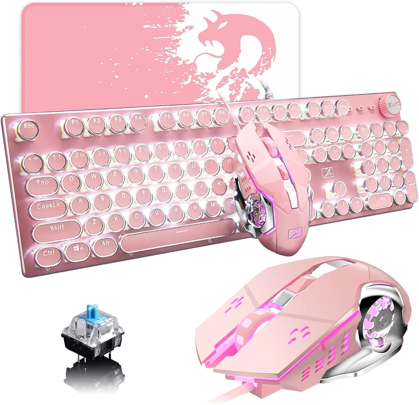 Teclado y mouse de máquina de escribir rosa, teclado mecánico retro...