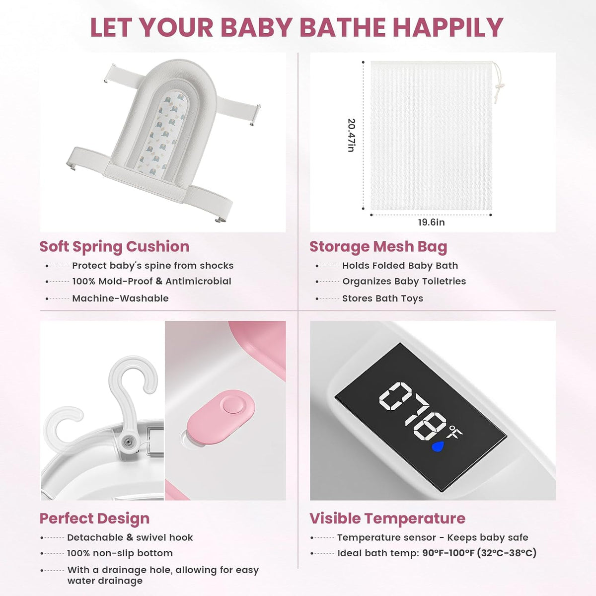 Bañera plegable para bebé con cojín suave y termómetro, para recién...