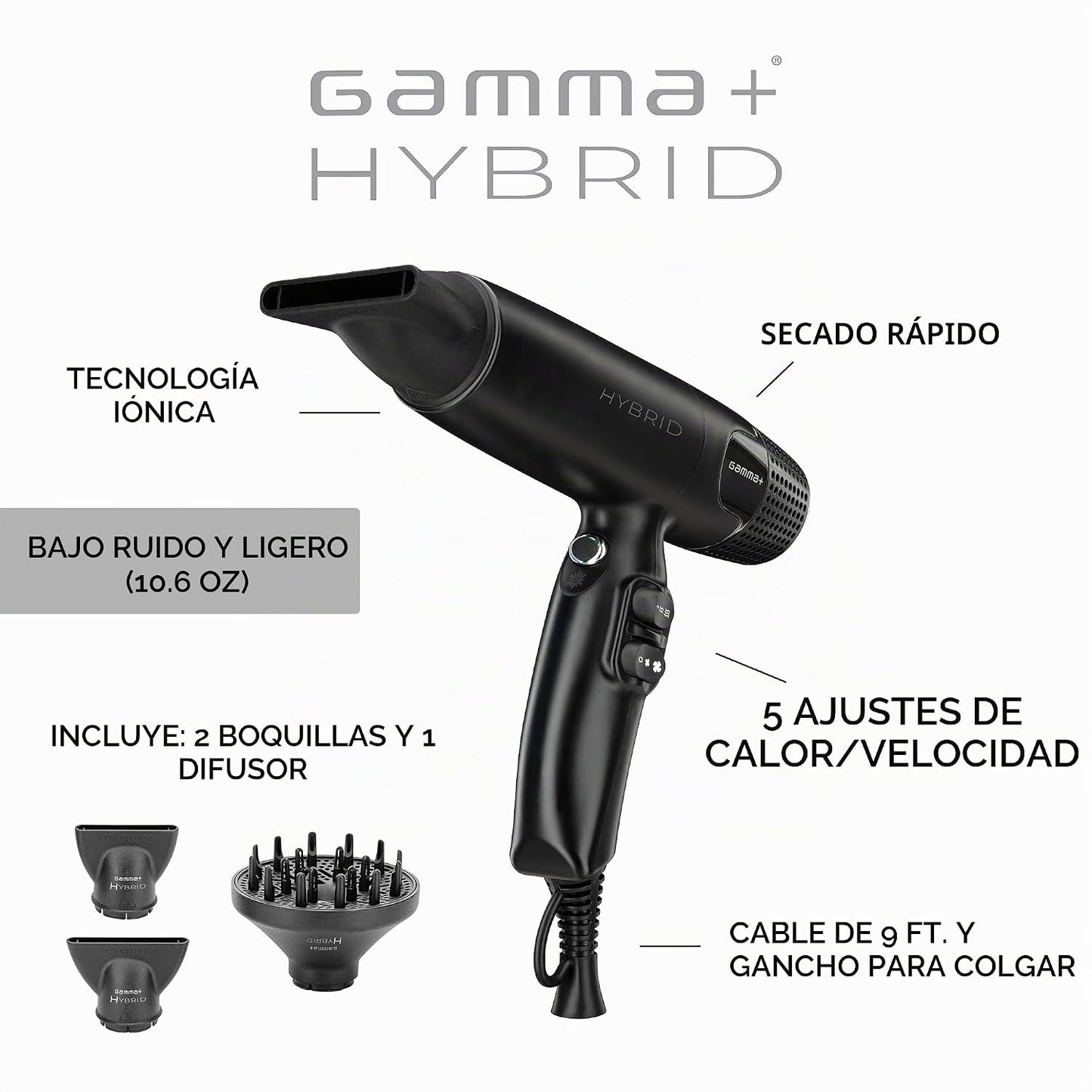 GAMMA+ Secador de pelo profesional X-Hybrid ligero, tecnología ióni...