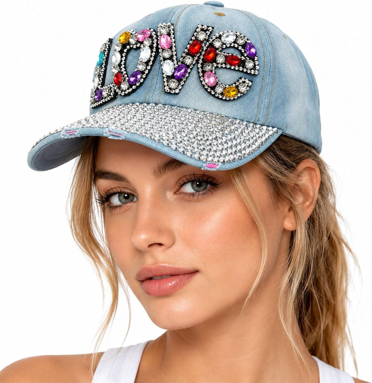 Gorra de béisbol brillante con diamantes de imitación, malla ajusta...