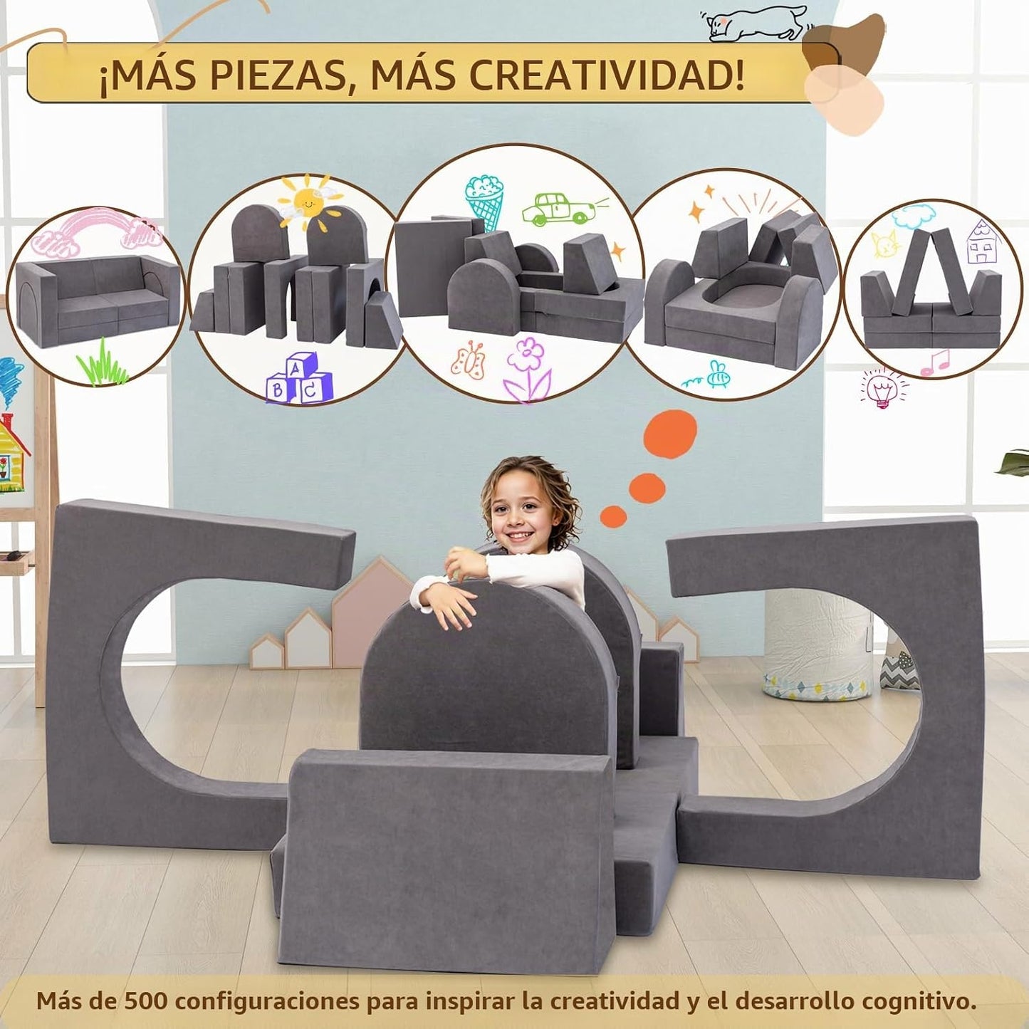 Fvkind Sofá modular de juegos para niños, 10 piezas para niños pequ...