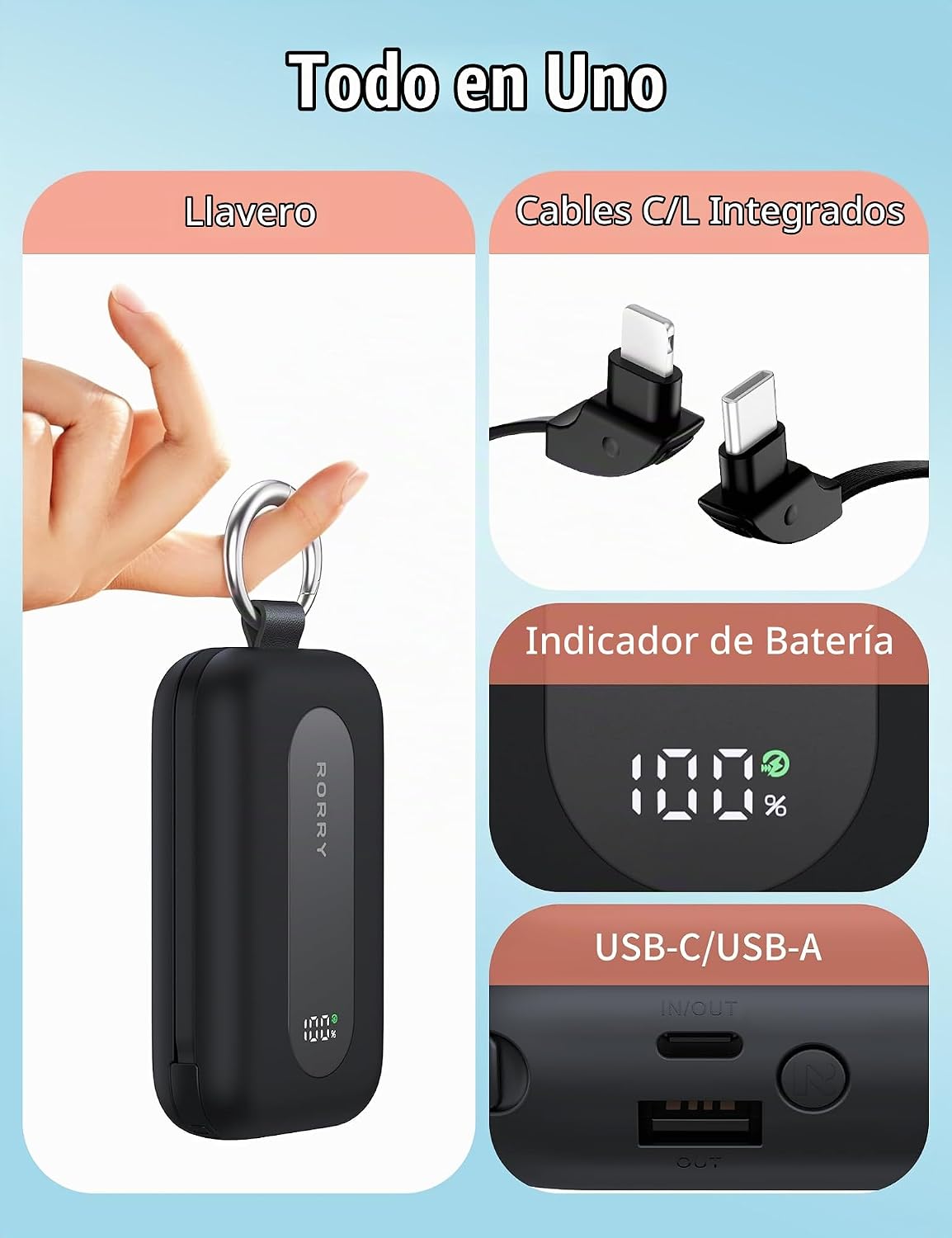 RORRY CharmGo Cargador portátil 20000mAh 30W Power Bank 4 en 1 Bate...