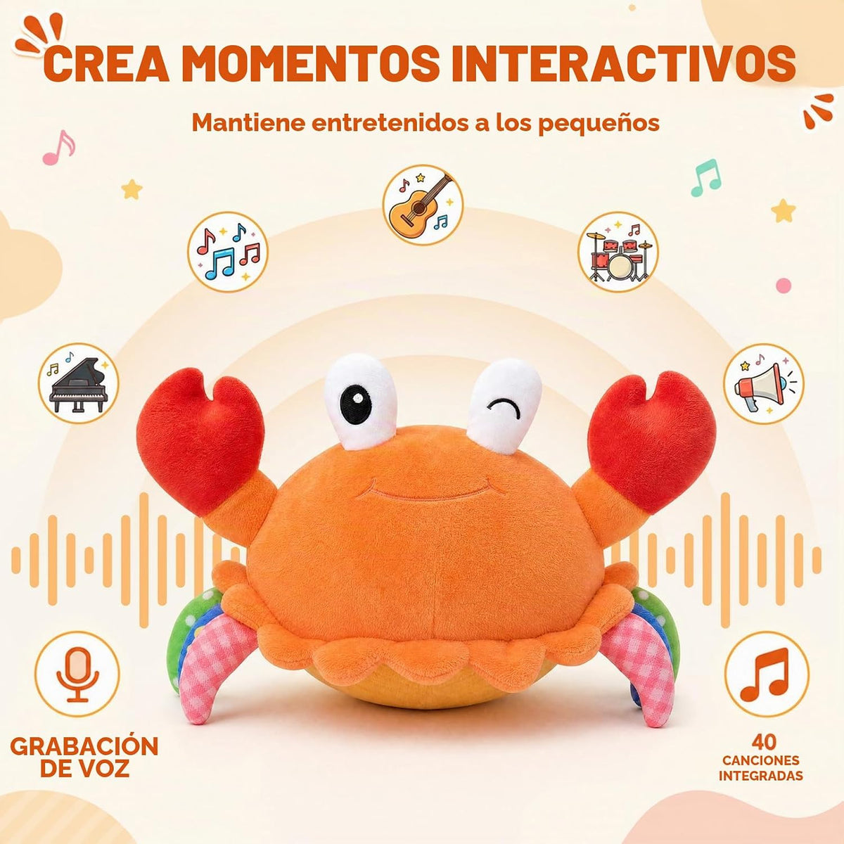 Juguete del bebé del cangrejo que arrastra naranja, juguete musical...