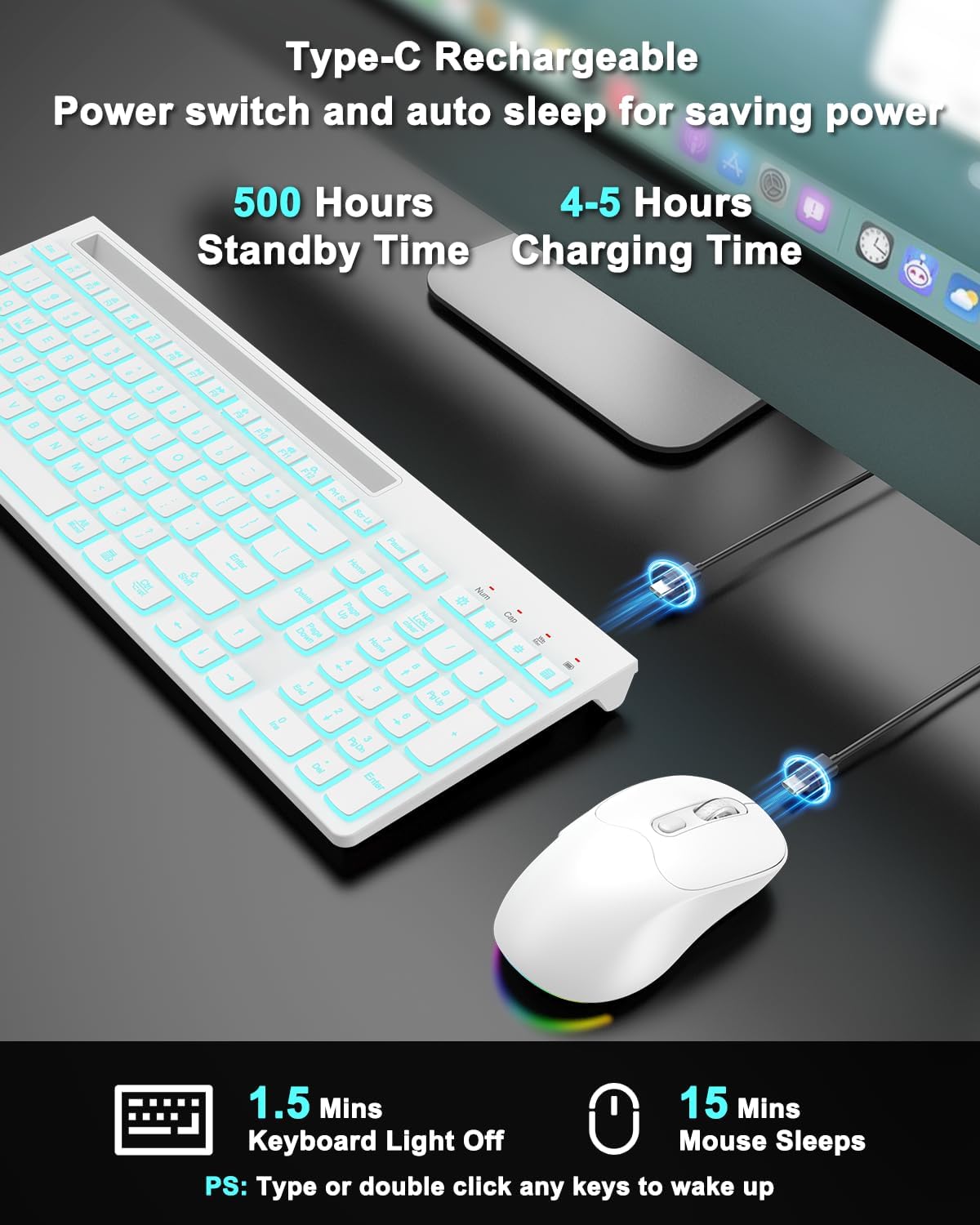 Combo de teclado y mouse inalámbricos, 7 efectos retroiluminados, l...