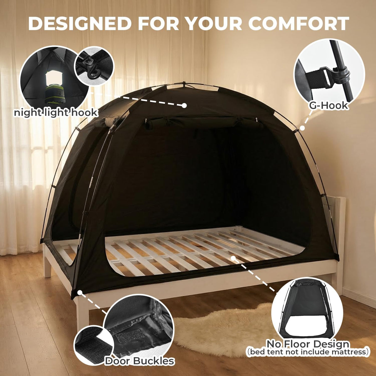 Alvantor® Tienda de campaña de cama tamaño matrimonial, 93% de opac...