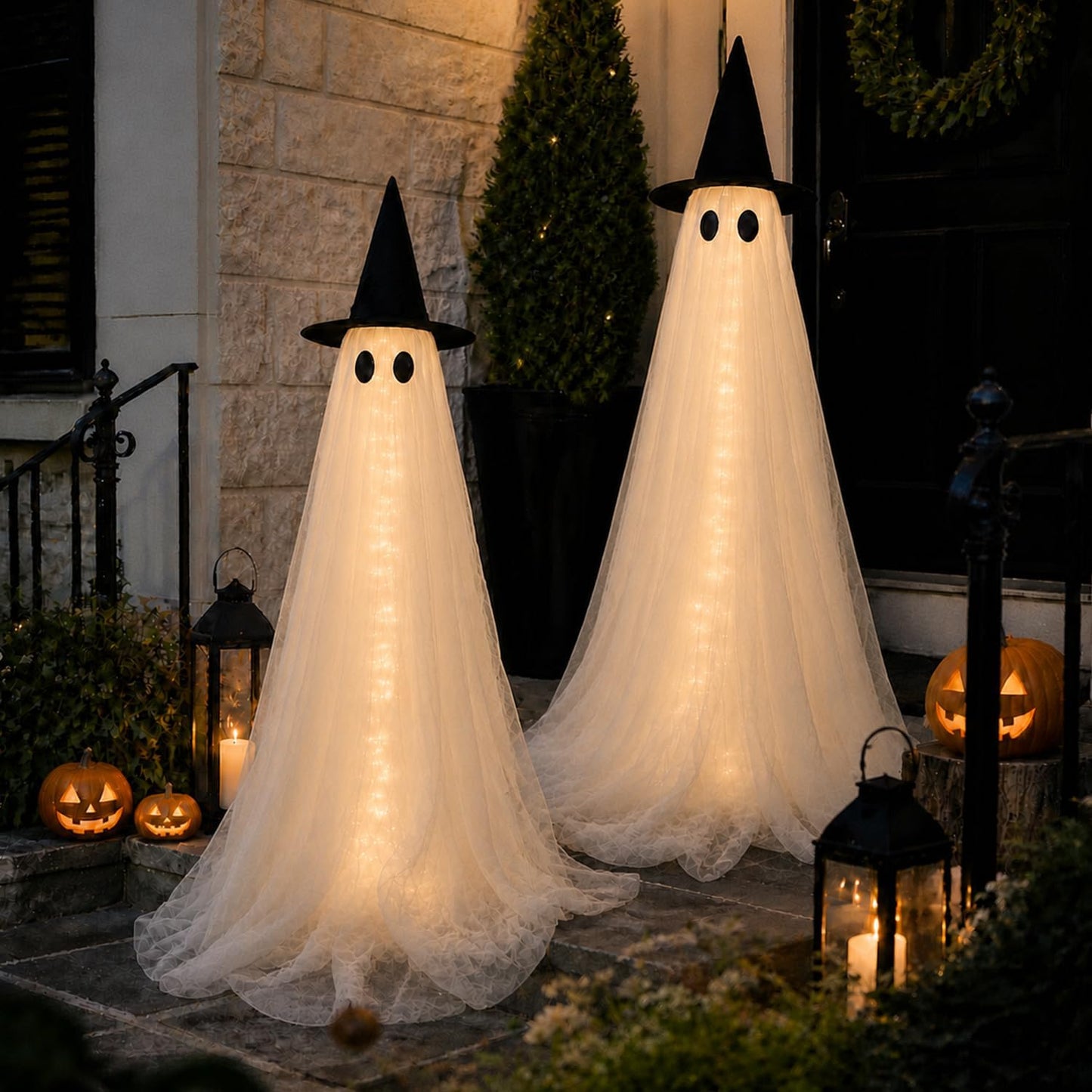 Paquete de 2 decoraciones de fantasmas iluminadas grandes de 5 pies...