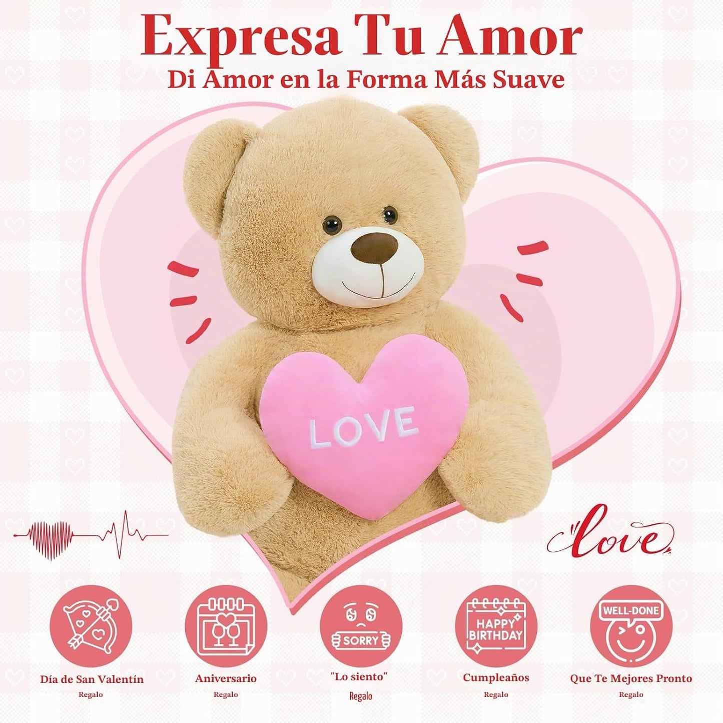 MorisMos Oso de peluche gigante con corazón de amor, 4 pies, 51 pul...