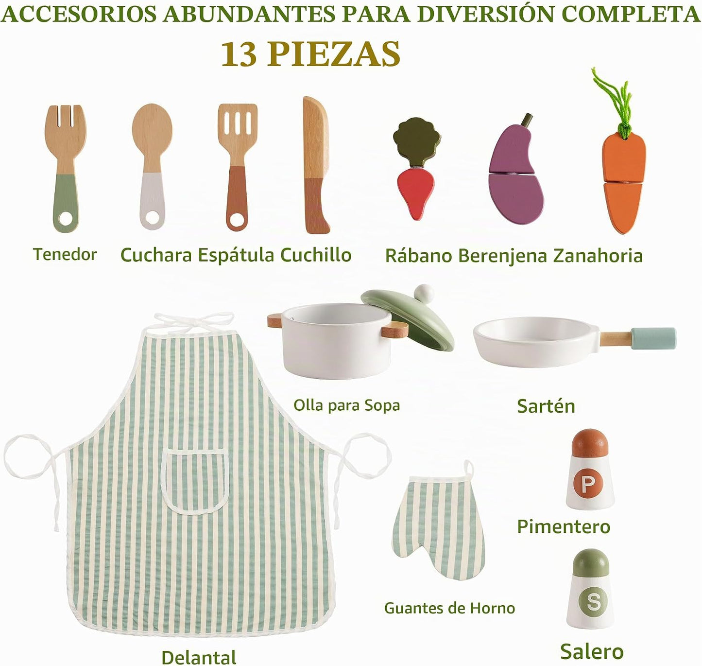 ROBUD Juego de cocina de madera para niños, juego de juguetes de co...