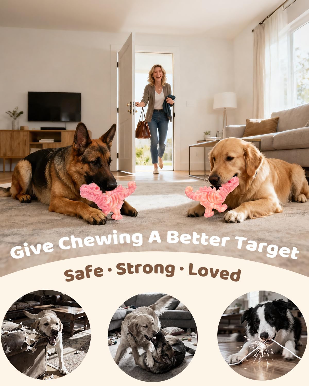 DinoBone Paquete de 2 juguetes masticables para perros resistentes...