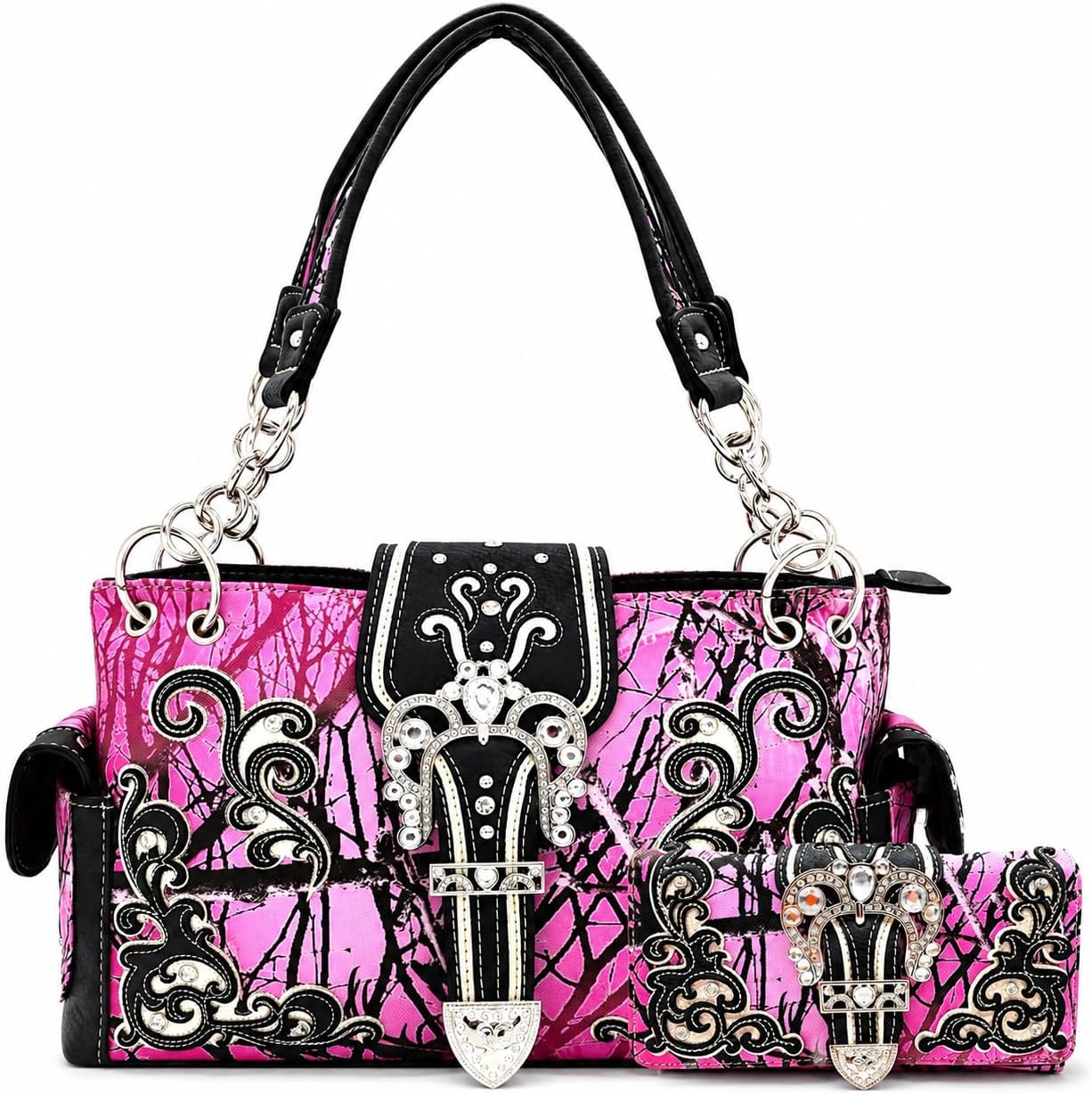 Bolso estilo occidental con hebilla de corona camuflaje, brillo flo...