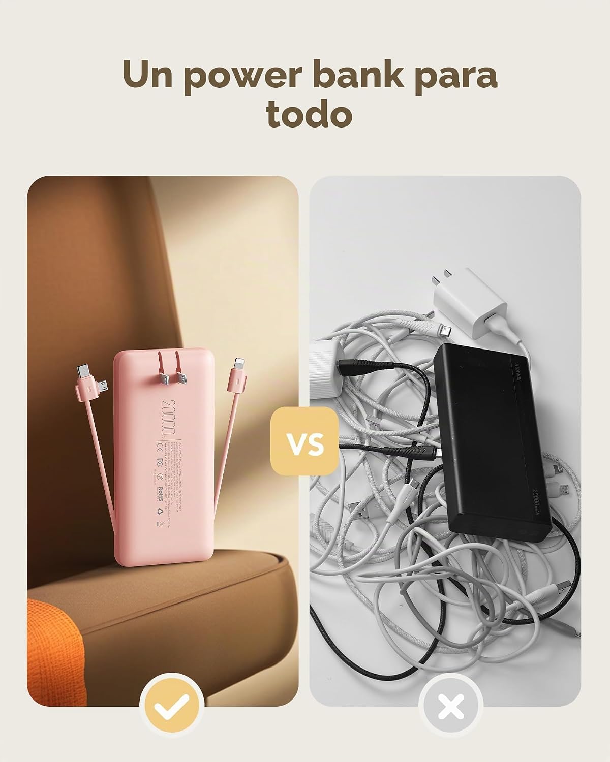 charmast Cargador portátil de 20000 mAh con cables incorporados y e...