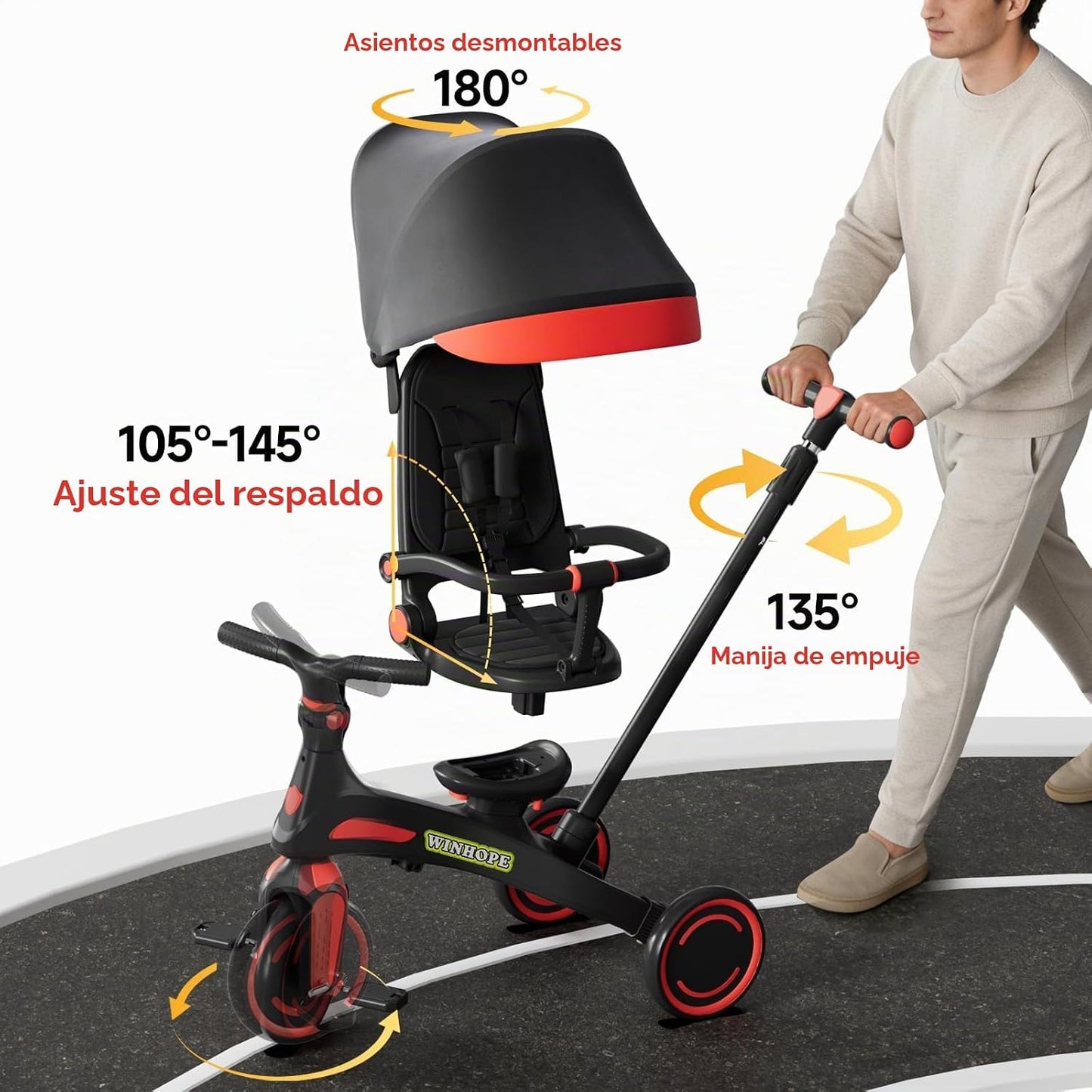 Winhope Triciclo para niños, triciclo 6 en 1 para bebés con asa de...