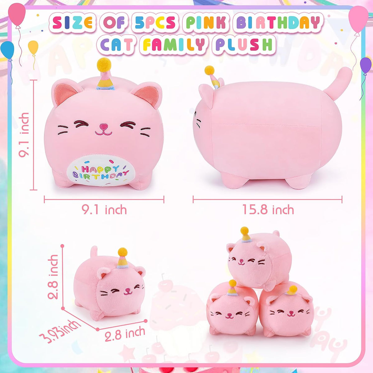 Peluche de Gato Rosa de Cumpleaños, 5 Piezas Familia de Animales de...