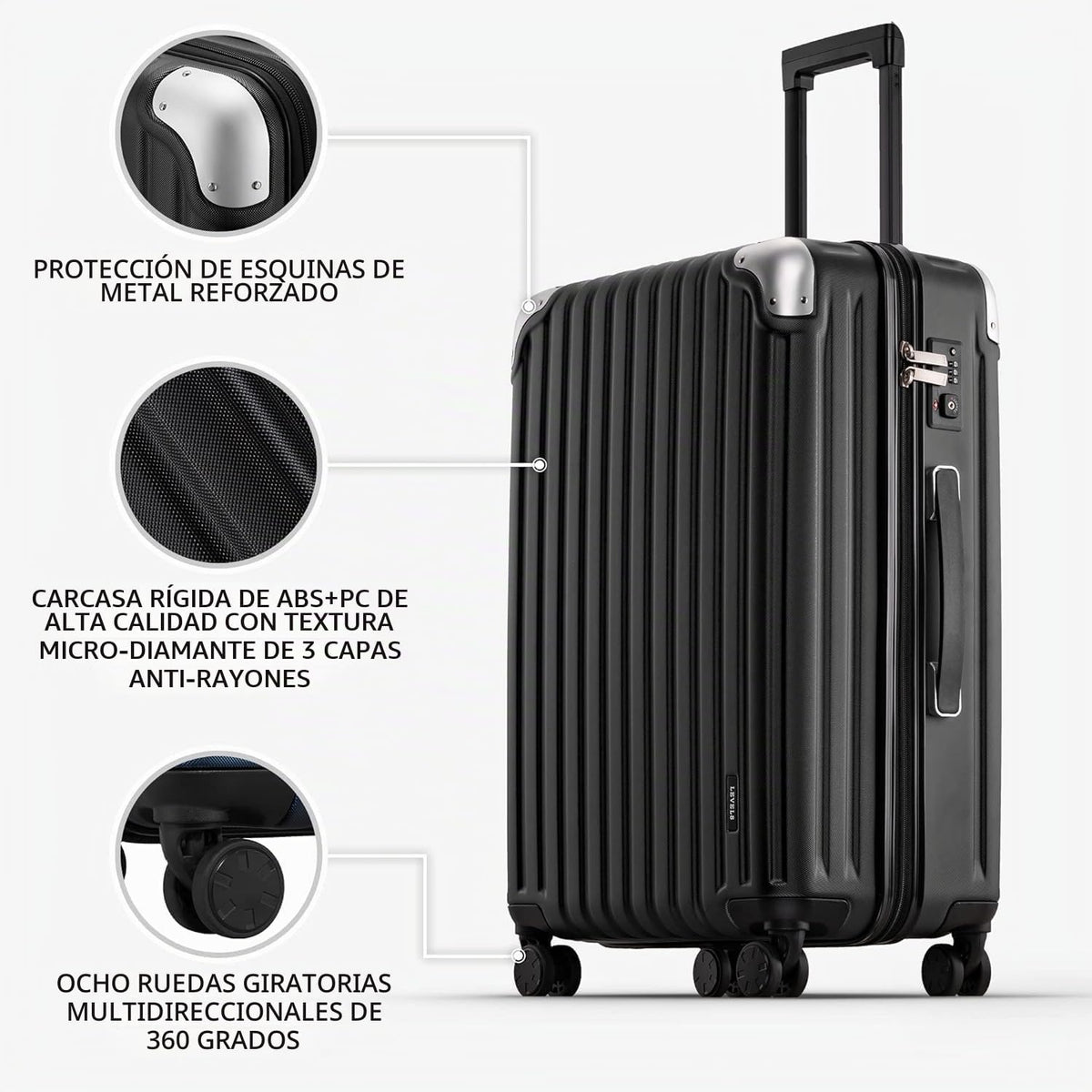 LEVEL8 Equipaje Grace, Negro | Abs+Pc Hard Case, 360° ruedas girato...