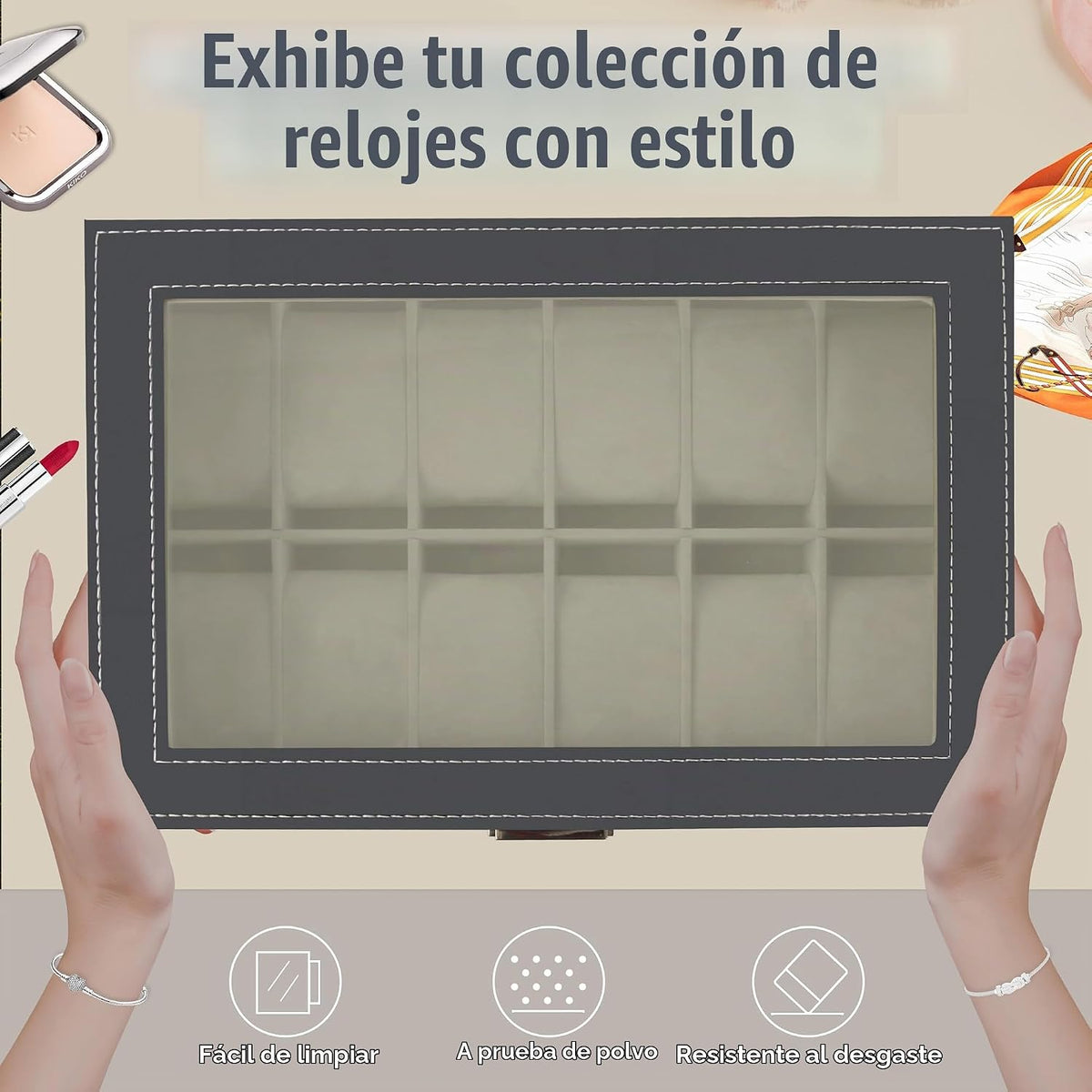Ogrmar Caja de almacenamiento de reloj con cerradura de cuero PU de...