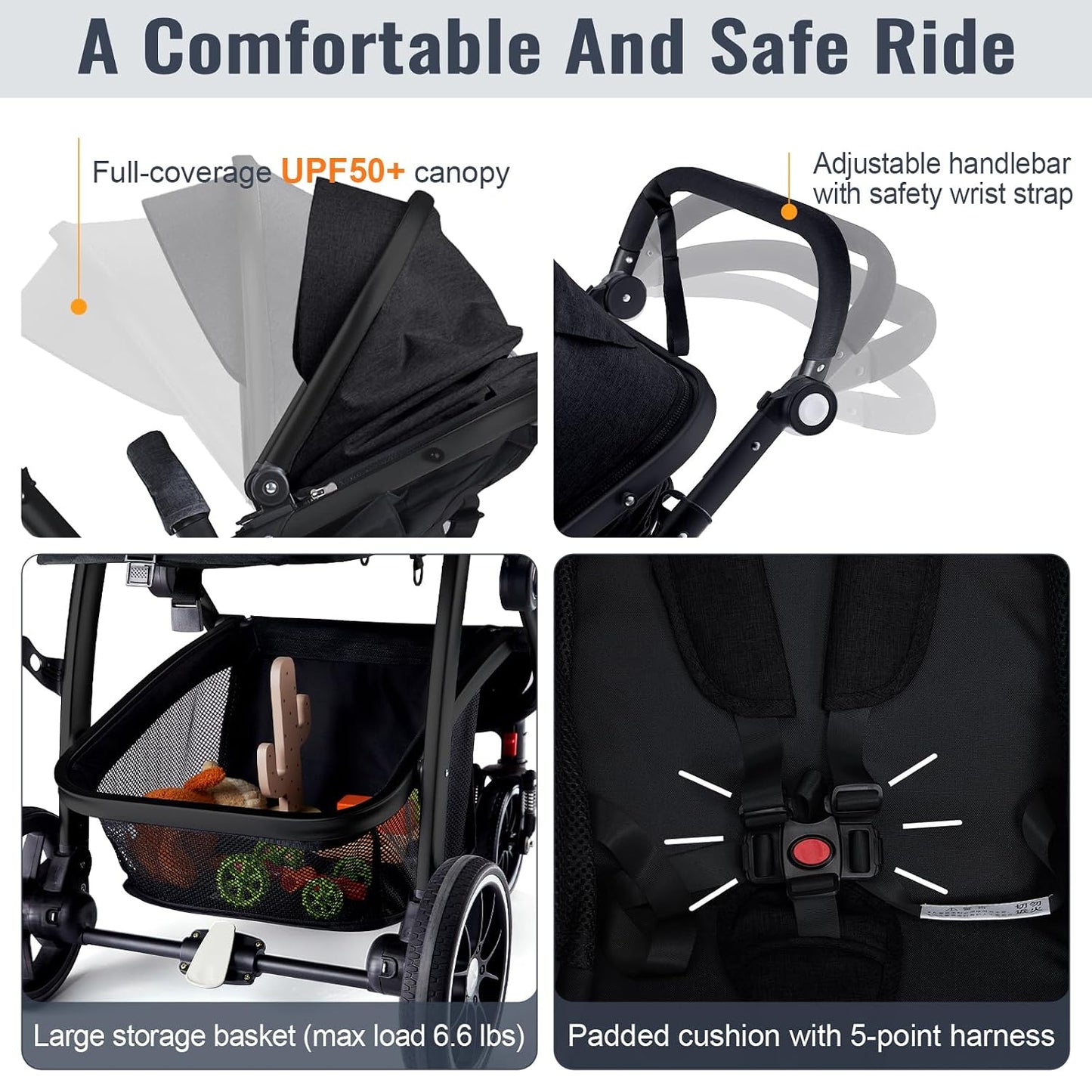 Cochecito de bebé, asiento reversible 2 en 1 para niños pequeños co...