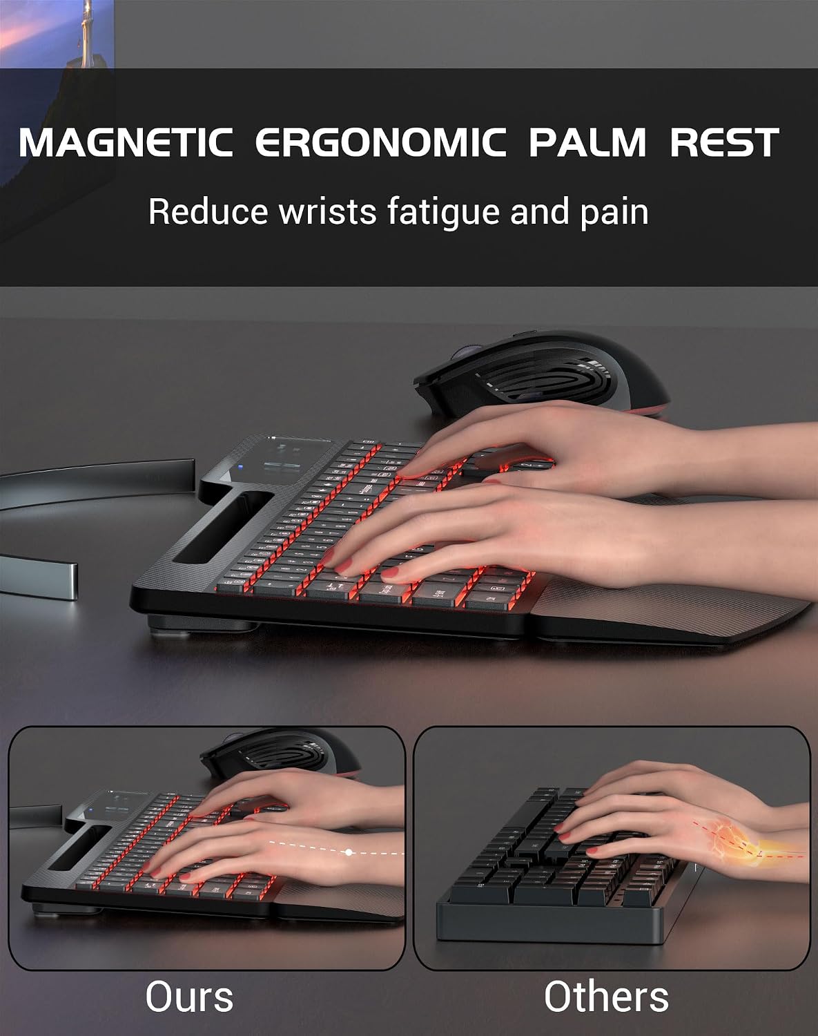Combo de teclado y mouse inalámbricos, teclado ergonómico silencios...