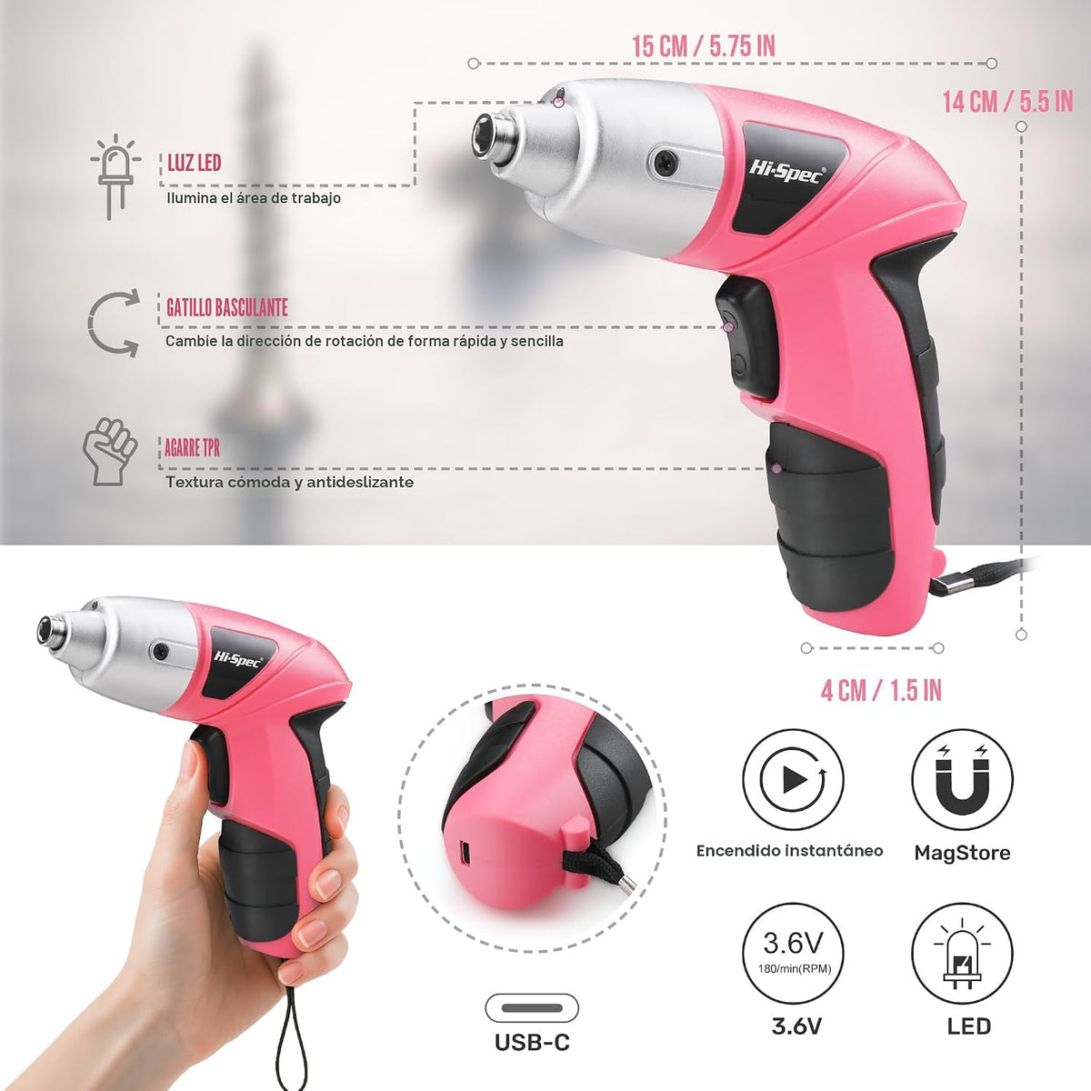 Hi-Spec Destornillador eléctrico 27pc 3.6V rosa USB pequeño juego d...