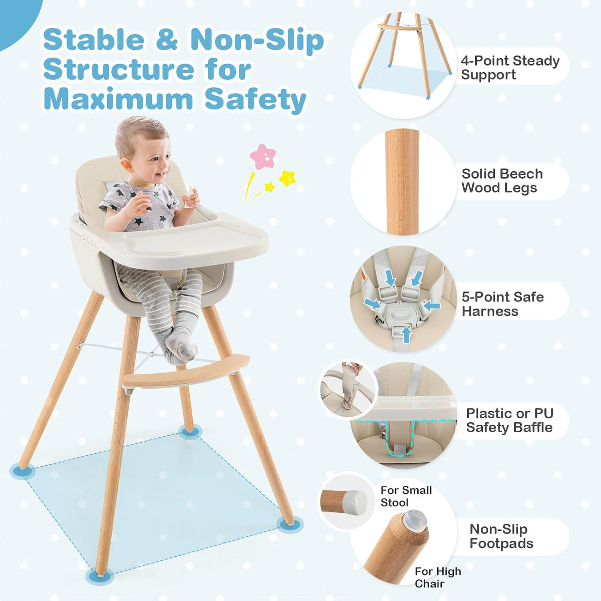 HONEY JOY Silla alta para bebé, silla alta 6 en 1 de madera Eat &am...