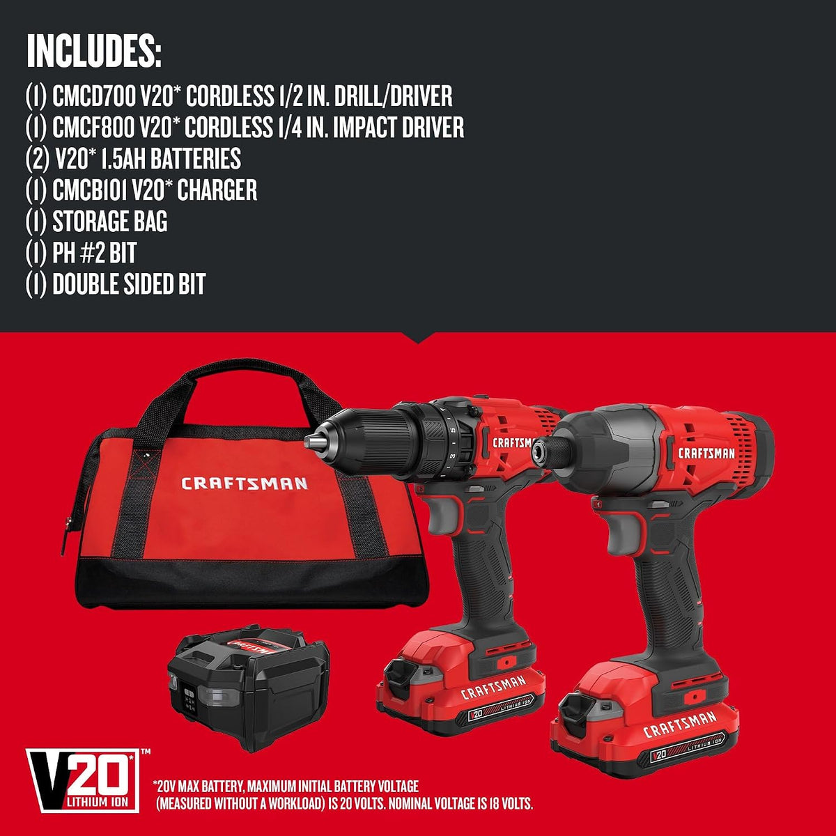 CRAFTSMAN V20 MAX - Taladro inalámbrico y destornillador de impacto...
