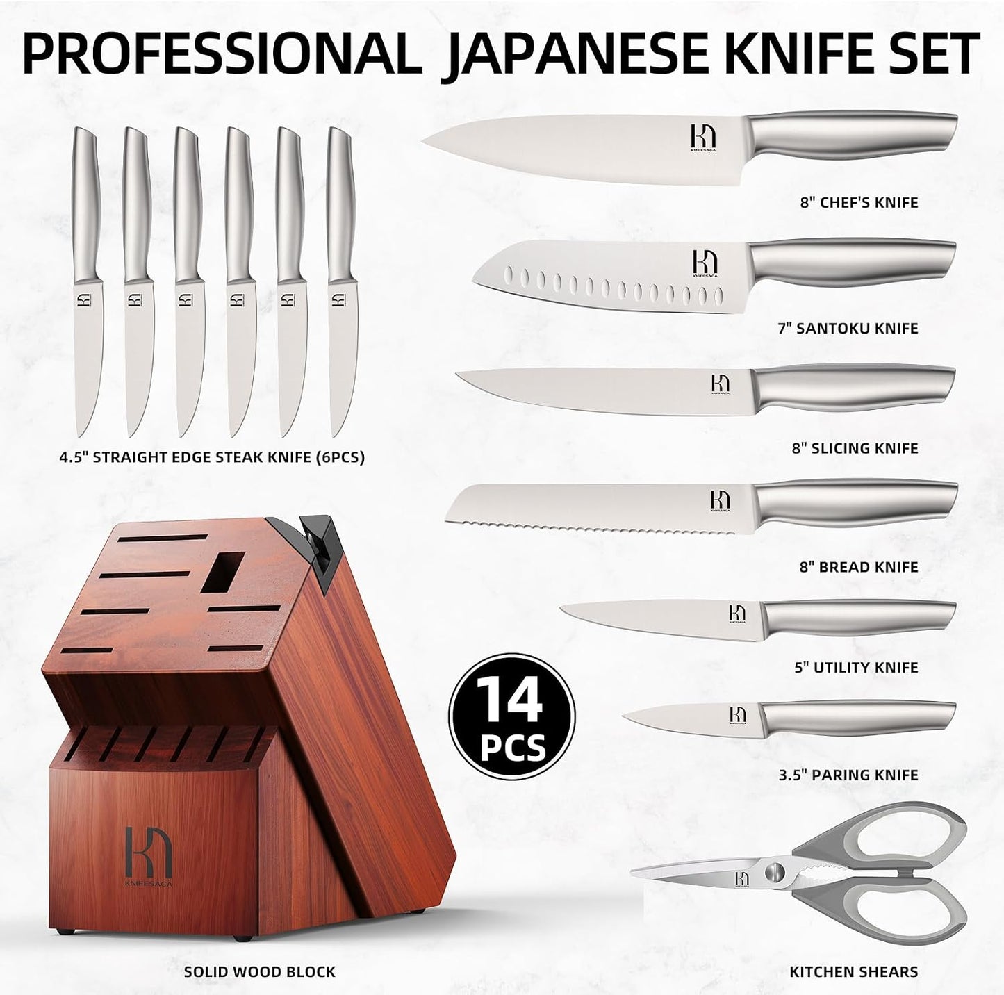Juego de cuchillos KnifeSaga Premium, juego de 14 piezas de cuchill...