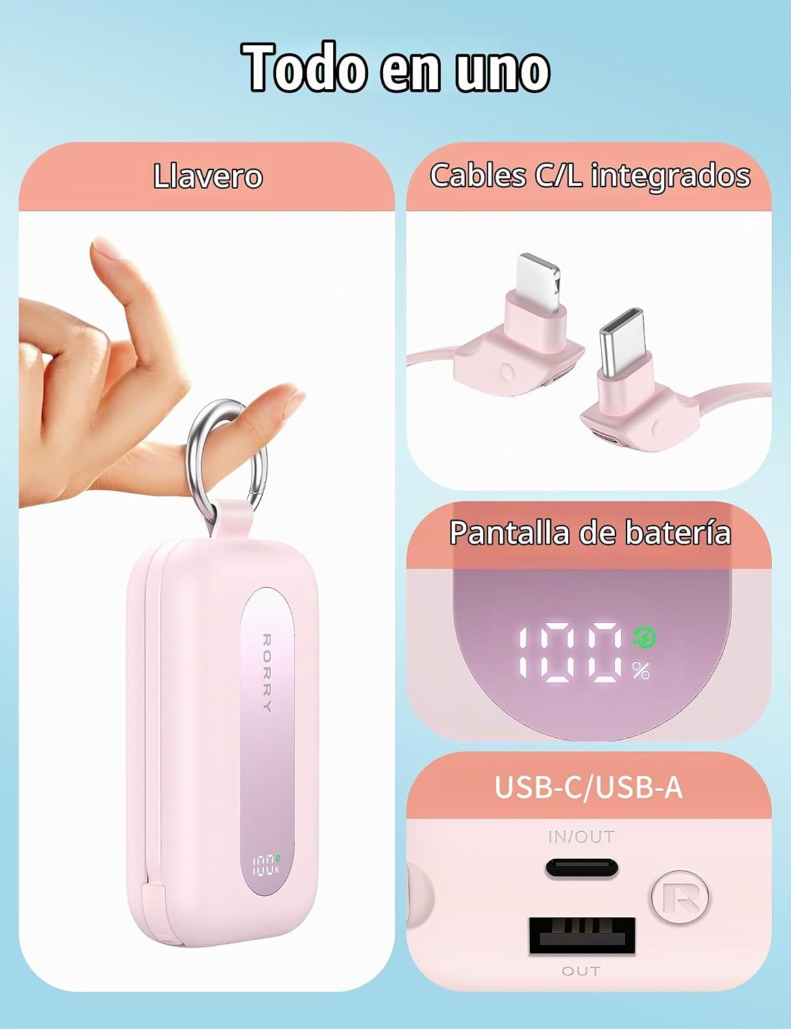 RORRY CharmGo Cargador portátil 20000mAh 30W Power Bank 4 en 1 Bate...