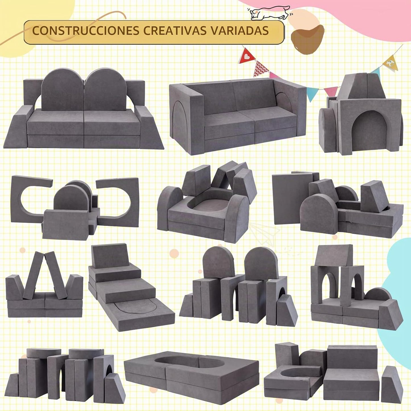 Fvkind Sofá modular de juegos para niños, 10 piezas para niños pequ...
